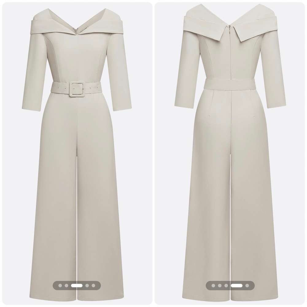 FEHAUTE Women Beige Sweetheart Neckline Three Quarter Sleeve Dressy Jumpsuit NWT